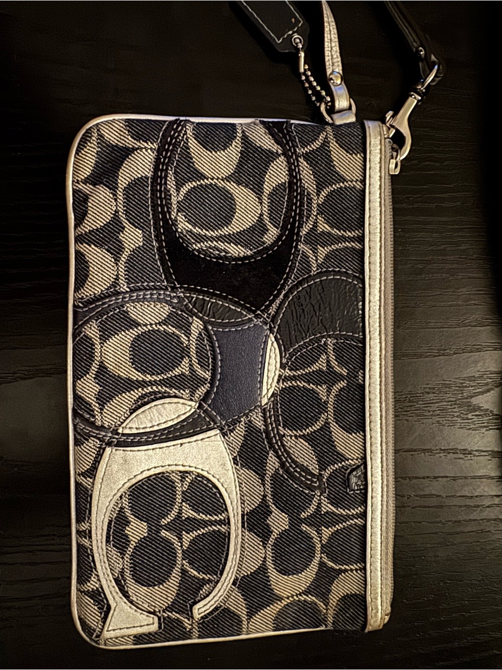 Coach Navy and Silver Denim Y2K Wristlet